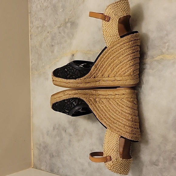 Tory Burch Leather Lucia Canvas Espadrille Wedge Crochet Woven Lace Sandal 6.5 - Picture 6 of 10